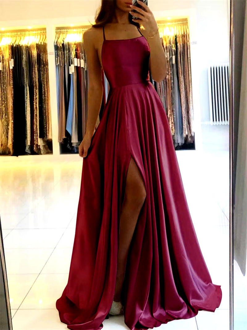 Burgundy Satin Beach Maxi Women Dress for Christmas Sexy Side Slit Adjustable Straps Evening Prom Dress Cheap Bridesmaid Dresses